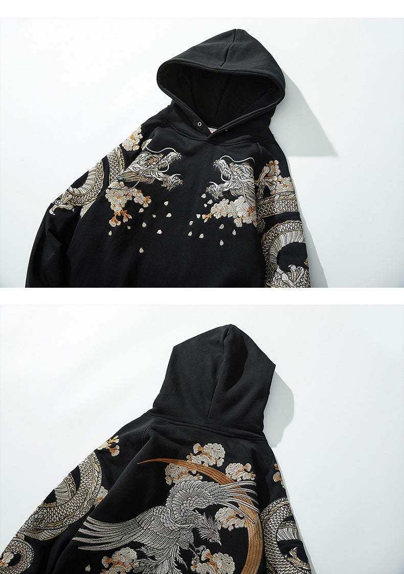 Makuluya Hoodies Yokosuka Black Dragon Phoenix Suzaku Pattern Embroidered Pullover Sakura