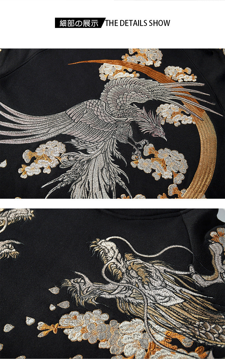 Makuluya Hoodies Yokosuka Black Dragon Phoenix Suzaku Pattern Embroidered Pullover Sakura