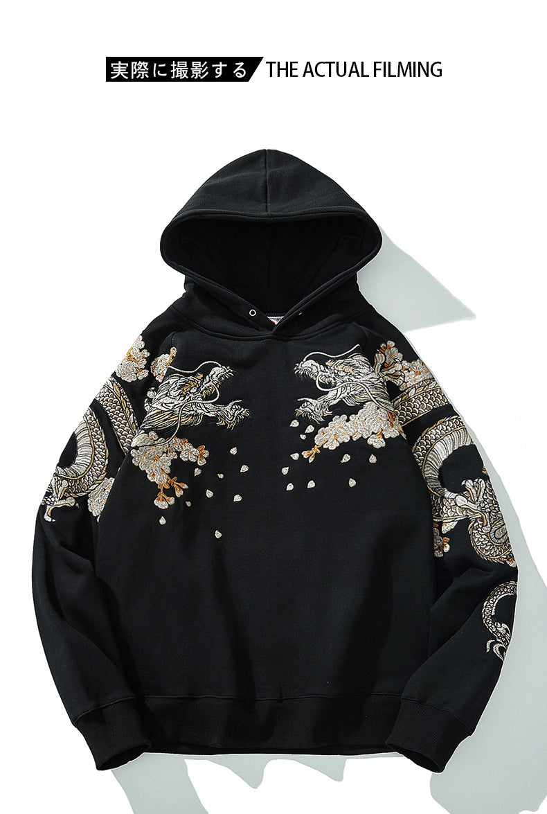 Makuluya Hoodies Yokosuka Black Dragon Phoenix Suzaku Pattern Embroidered Pullover Sakura