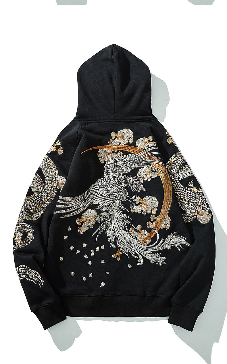 Makuluya Hoodies Yokosuka Black Dragon Phoenix Suzaku Pattern Embroidered Pullover Sakura
