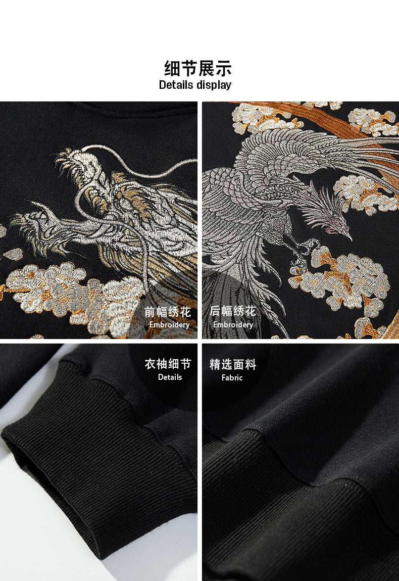 Makuluya Hoodies Yokosuka Black Dragon Phoenix Suzaku Pattern Embroidered Pullover Sakura