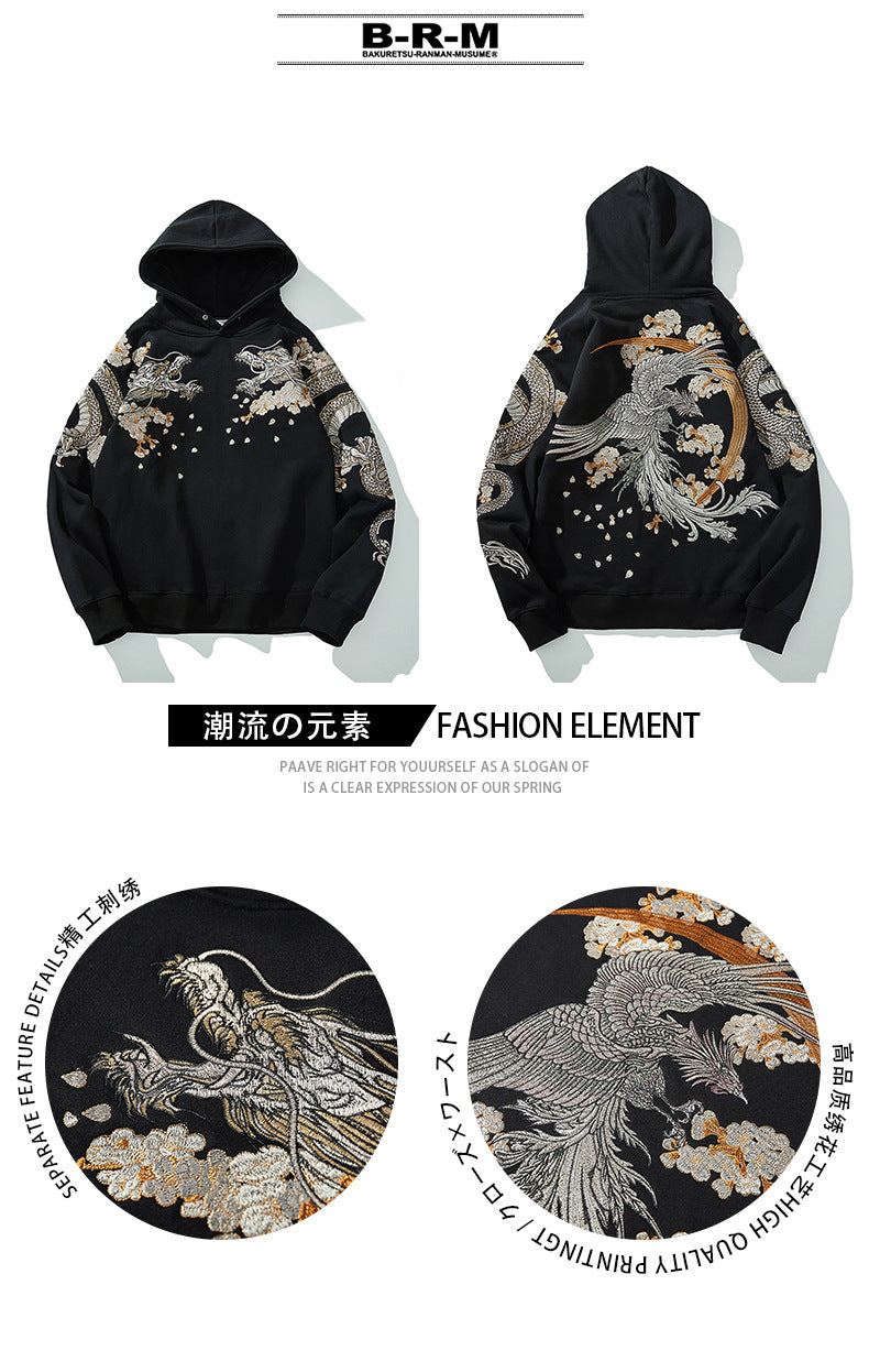 Makuluya Hoodies Yokosuka Black Dragon Phoenix Suzaku Pattern Embroidered Pullover Sakura