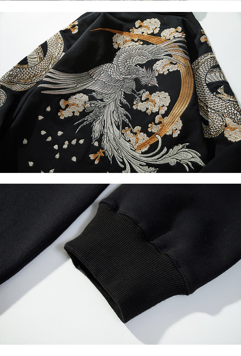 Makuluya Hoodies Yokosuka Black Dragon Phoenix Suzaku Pattern Embroidered Pullover Sakura