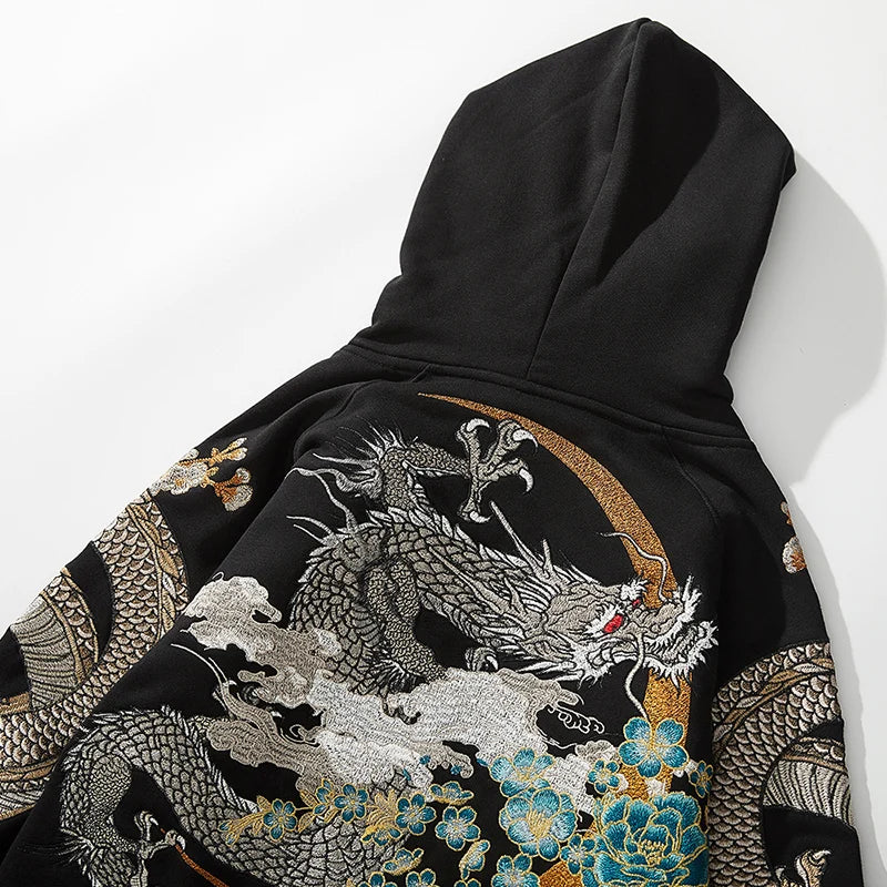Makuluya Hoodies Yokosuka Black Dragon Phoenix Suzaku Pattern Embroidered Pullover Sakura