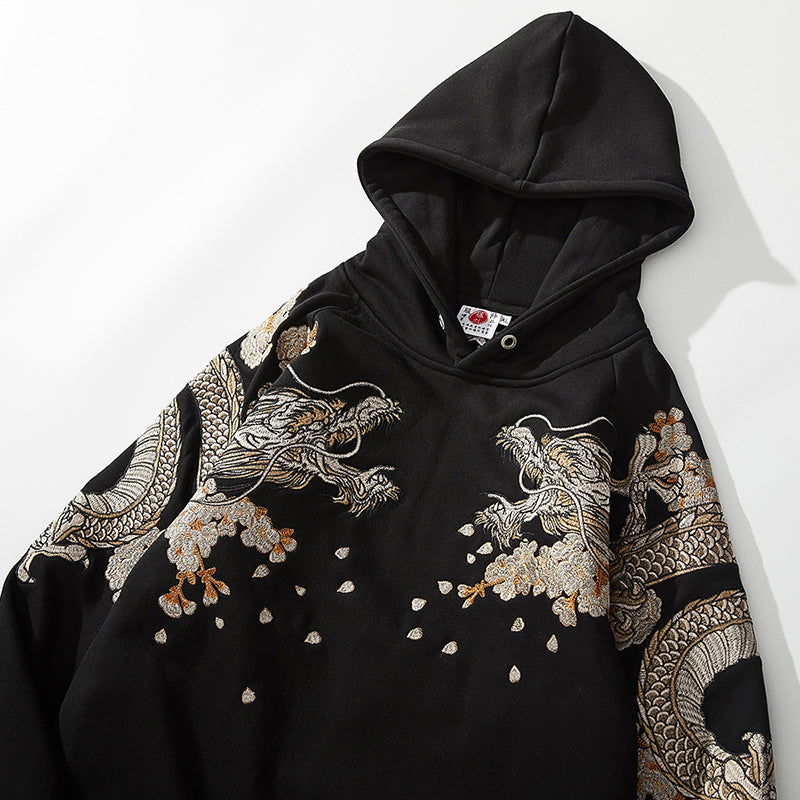 Makuluya Hoodies Yokosuka Black Dragon Phoenix Suzaku Pattern Embroidered Pullover Sakura