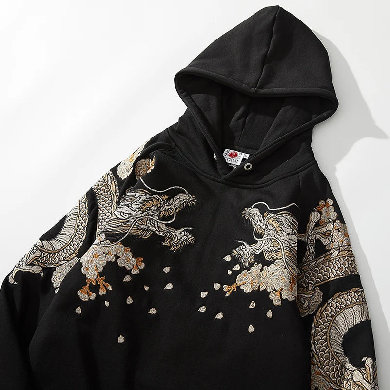 Makuluya Hoodies Yokosuka Black Dragon Phoenix Suzaku Pattern Embroidered Pullover Sakura