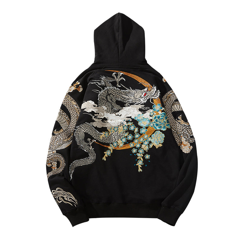 Makuluya Hoodies Yokosuka Black Dragon Phoenix Suzaku Pattern Embroidered Pullover Sakura