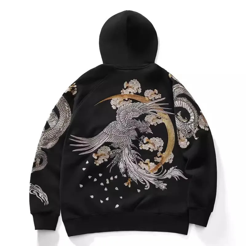 Makuluya Hoodies Yokosuka Black Dragon Phoenix Suzaku Pattern Embroidered Pullover Sakura