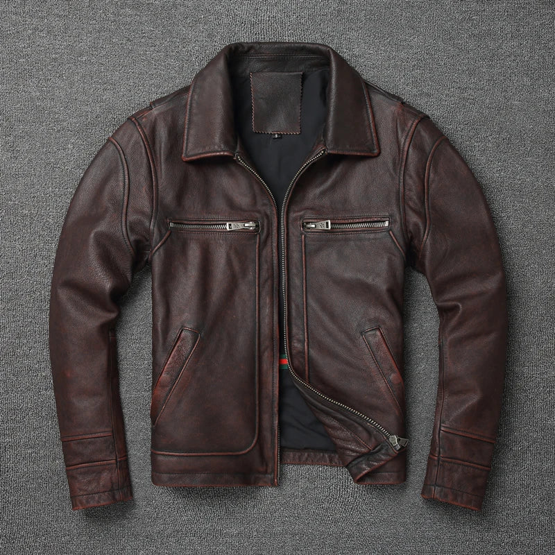 Men Cowhide Coat Vintage Men Leather Jacket Genuine Leather Clothes Men's Winter Jacket Motorcycle Biker Jackets
