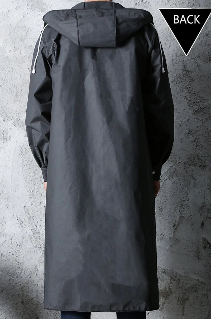 Fashion black adult windbreaker style waterproof long raincoat women's men's hooded outdoor motorcycle, bicycle, hiking, fishing