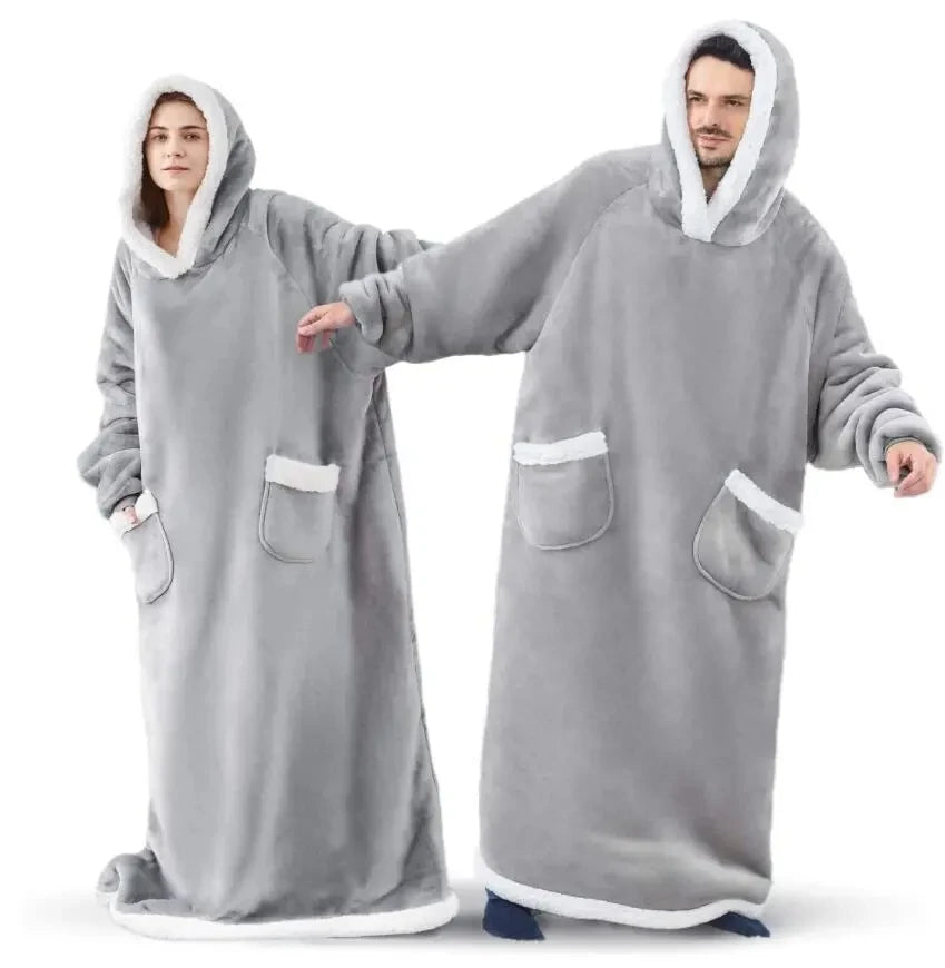 180cm Super Long Flannel Blanket Pyjamas with Sleeves Winter Hoodies Sweatshirt Women Men Pullover Fleece Giant Oversized Outdoo