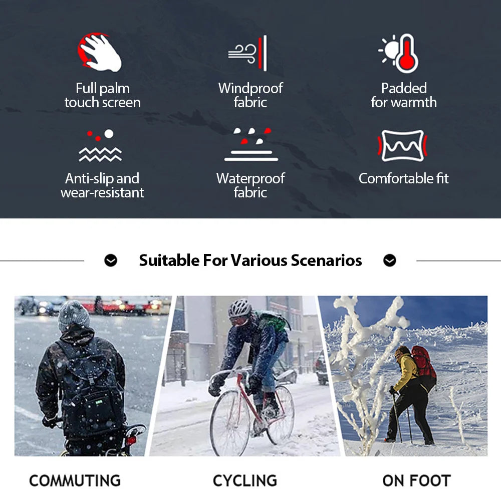 Men Winter Waterproof Cycling Gloves Outdoor Sports Running Motorcycle Ski Touch Screen Fleece Gloves Non-slip Warm Full Fingers