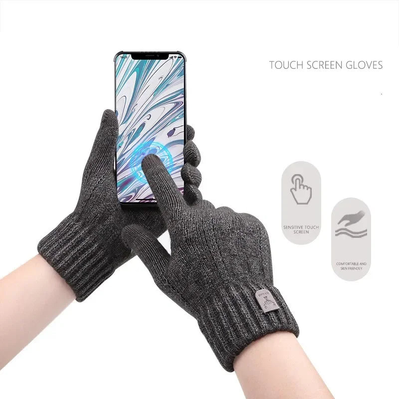 New men's warm gloves for winter touch screen plus velvet thickened cold-proof and warm wool knitted gloves