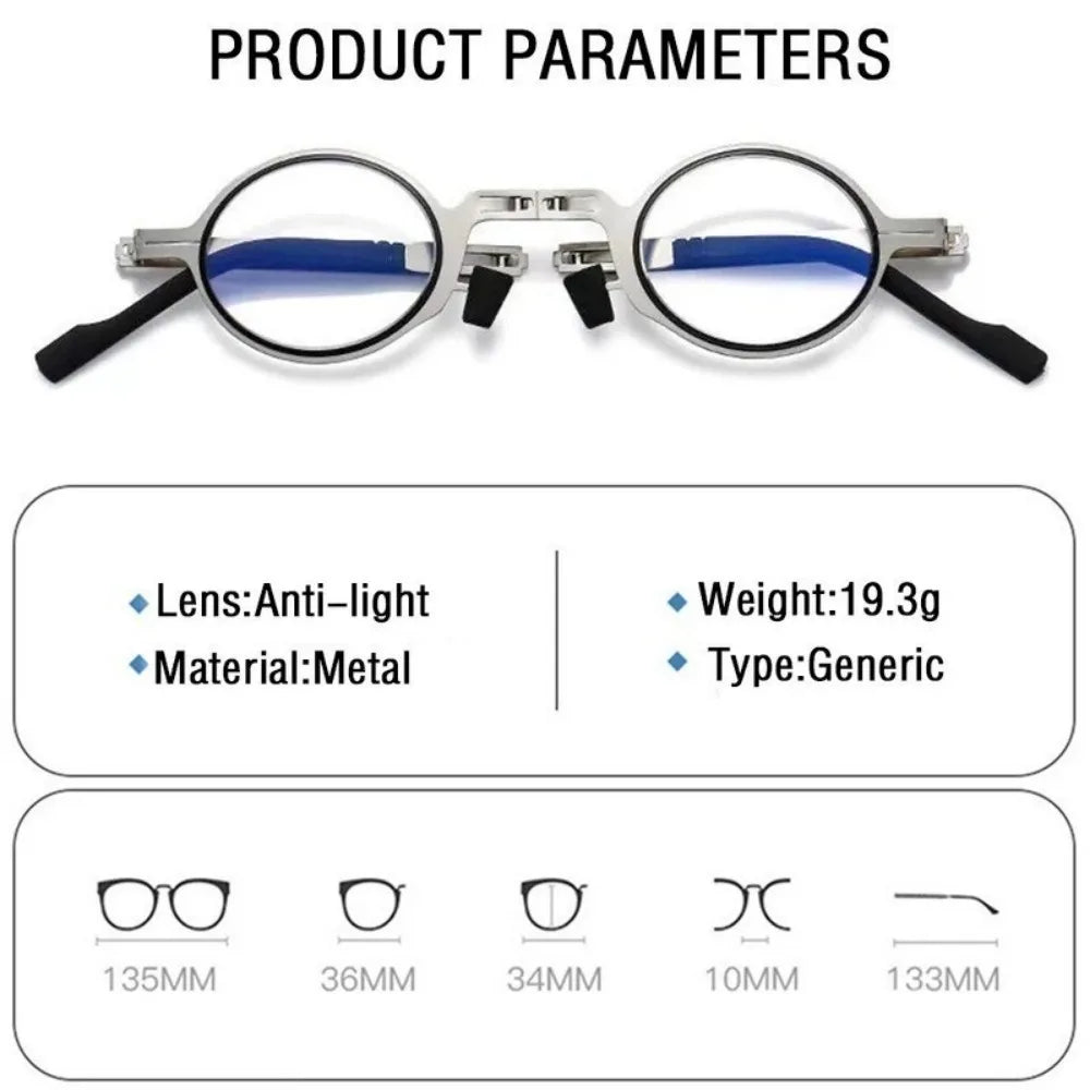 Retro Folding Reading Glasses for Men / Women Metal Frame Anti-blue Light Eyeglasses with Free Case
