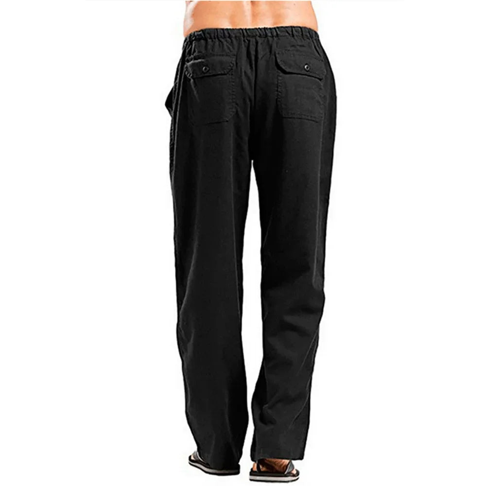 Men's Cotton Linen Pants Summer Solid Color Breathable Linen Trousers Male Casual Elastic Waist Fitness Pants